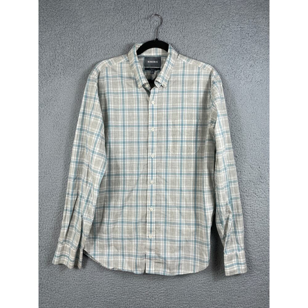 Bonobos Men's Size L Slim Fit Light Gray & Blue Plaid Long Sleeve Button Up Top.